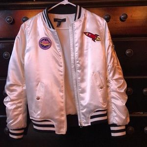 Forever 21 Satin Patch Bomber Jacket in White